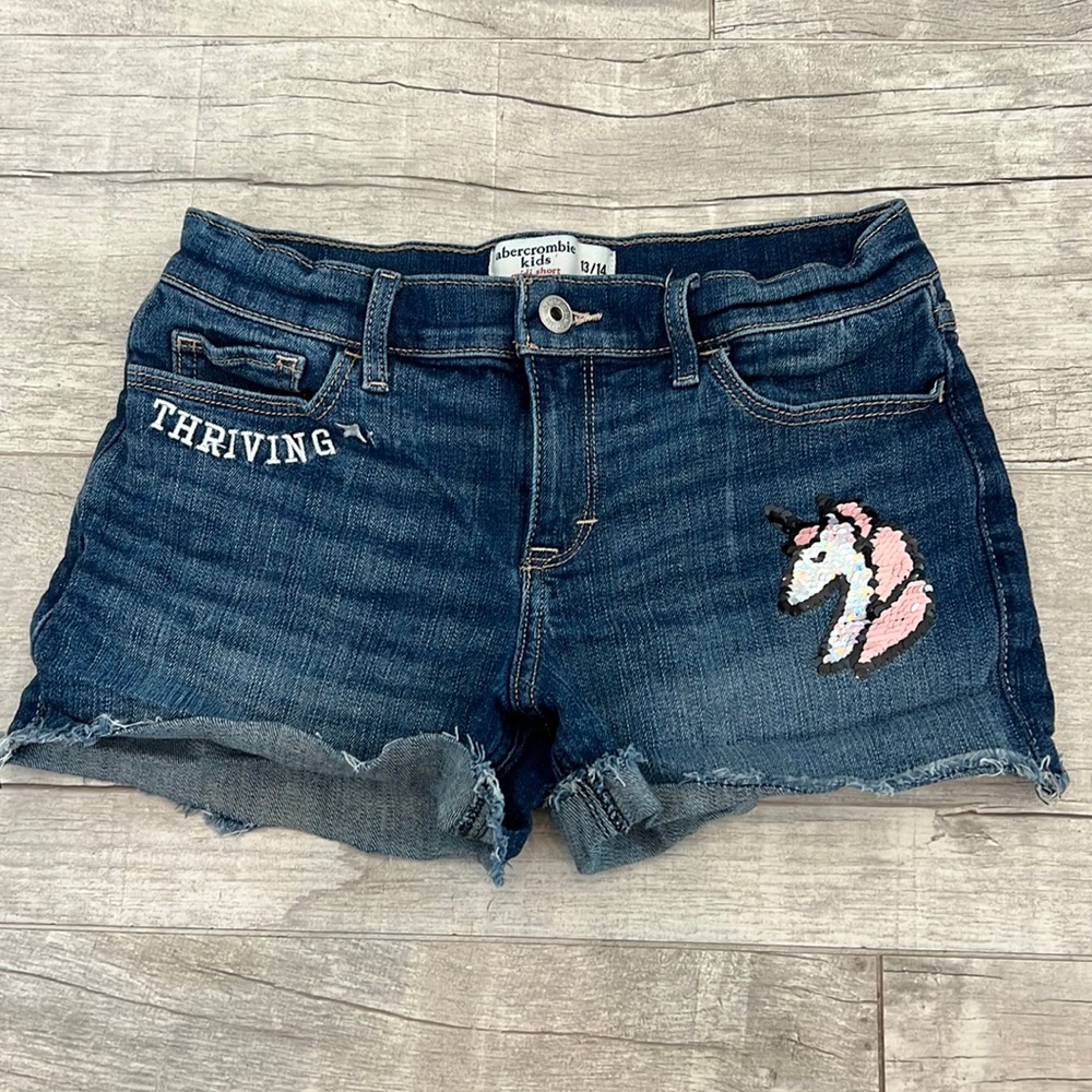 Abercrombie Kids Midi Jean Short “Thriving” Sequin Unicorn Girls Size 13/14